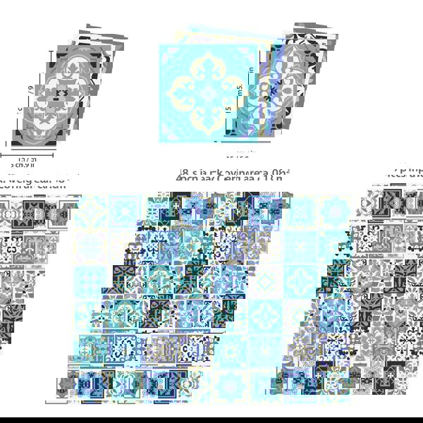 WALPLUS WT1567 - Daliah Blue and Turquoise Mediterranean Wall Tile Sticker Set - 15 cm x 15 cm - 24 pcs