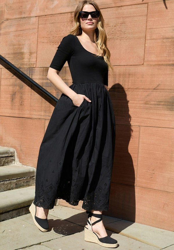 Sydney Short Sleeve Jersey Bodice Embroidered Midi Dress In Black - image 1