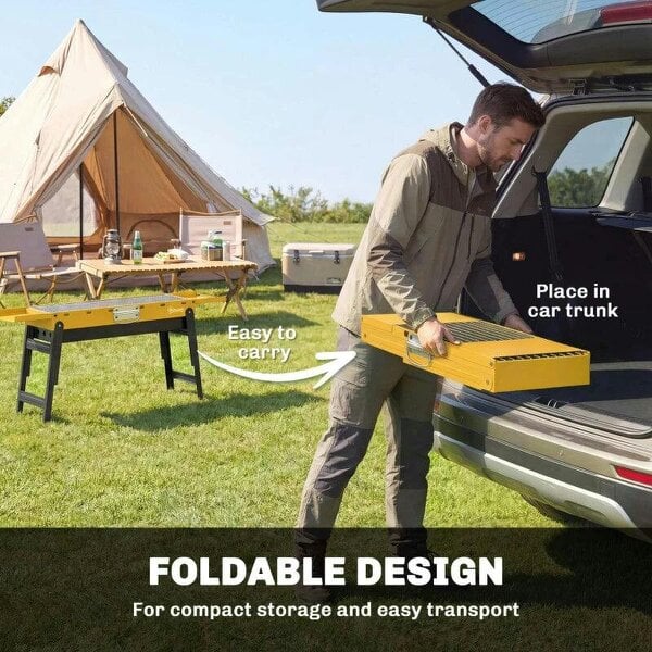 Bobobiy Portable BBQ Grill, Foldable Charcoal Grill for Camping and Picnics with 2 Side Shelves and Handle, Yellow