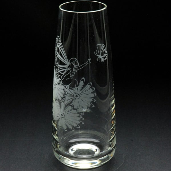 Glyptic Glass Art Fairy & Butterfly Glass Bud Vase - Hand Etched/Engraved Gift