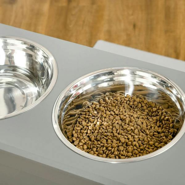 Two stainless steel dog bowls filled with dry kibble on a grey raised feeder.