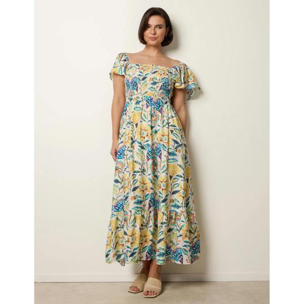 Blue Vanilla Frill Sleeveless Tropical Floral Print Dress