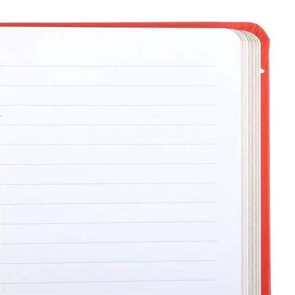 Red A5 notebook pages with lined paper and red cover edge