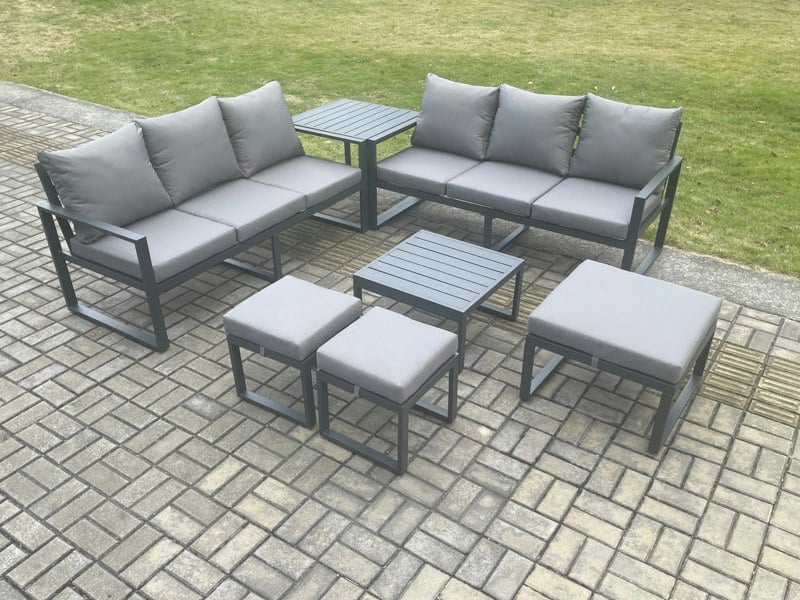 Fimous Aluminium 9 Seater Outdoor Garden Furniture Lounge Sofa Set with Square Coffee Table 3 Footstools Side Table Dark Grey