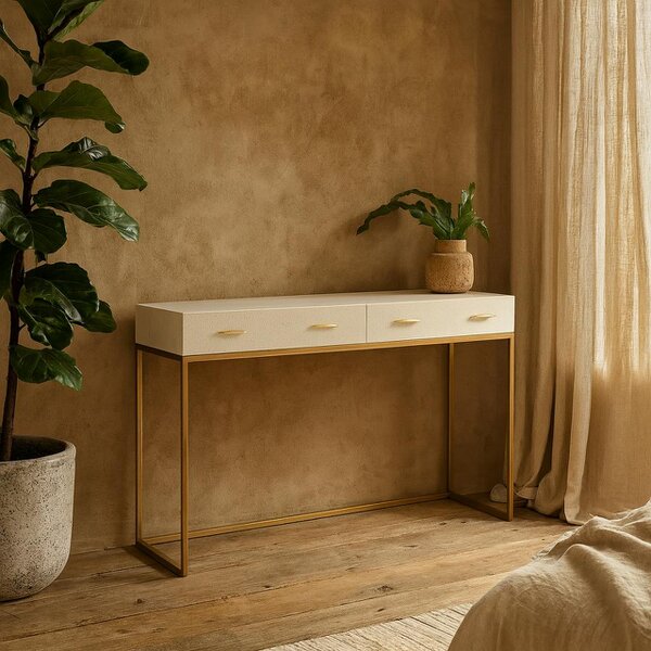 Wyld Haus Urbino Ivory Shagreen and Antique Brass Console Table 4 Drawers