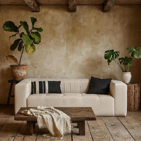 Wyld Haus Tibet Cosy Natural Fabric Upholstered Block 3 Seater Sofa