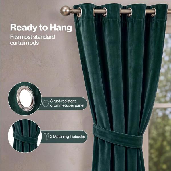 Marlow Thick Thermal Blackout Curtains Velvet 46x54 Inch Eyelet Ring Top Green