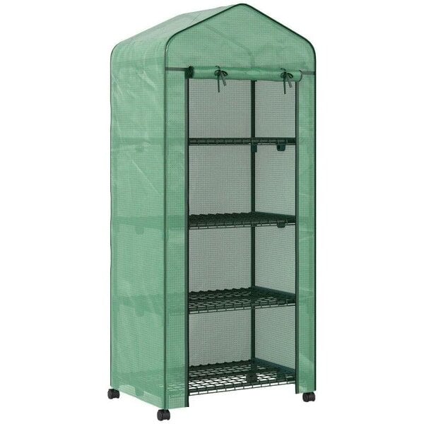 Bobobiy 4 Tier Mini Portable Greenhouse Compact Plant Grow Shed Metal Frame PE Cover with Lockable Rolling Wheels , Green