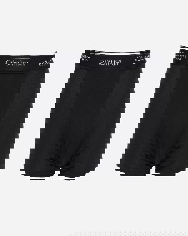 studio shot of Calvin Klein 3 Pack Icon Cotton Stretch Mens Relaxed Fit Trunks in Black with black silver waistbands