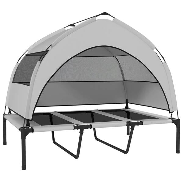 Light grey elevated dog bed with removable canopy and raised metal frame