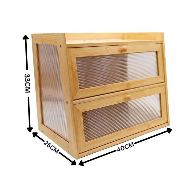 Maison des Cadeaux Large 2-Tier Bamboo Bread Bin with Fluted Windows