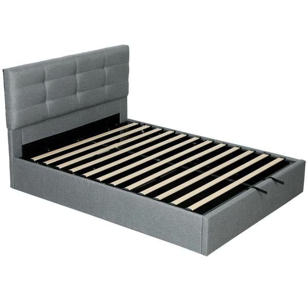 Grey upholstered ottoman bed frame with gas lift storage and slatted base