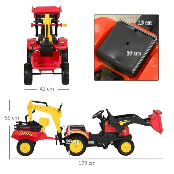 Red and yellow pedal ride-on excavator toy truck, front and side views with loader