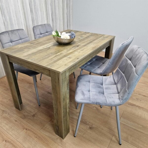 Kosy Koala Dining Table and 4 Chairs Rustic Effect Wood Table 4 Grey Velvet Chairs Dining Room