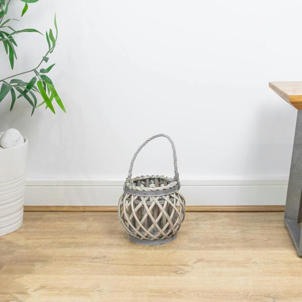 JVL Luna Natural Round Willow Wood Lantern With Braided Rope Handle, Grey Wash