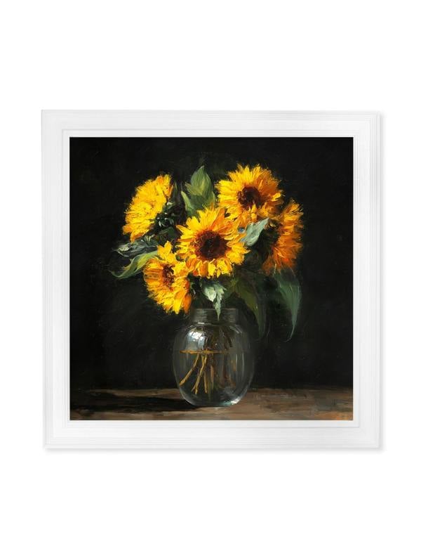 Exceptional Art Golden Sunflowers After Dark - Strong White Hurstwood square frame