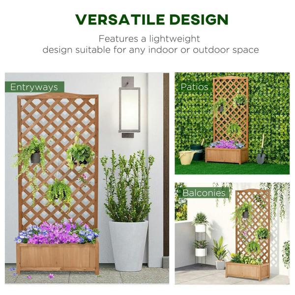 Versatile brown wooden raised flower bed with lattice trellis for outdoor planting