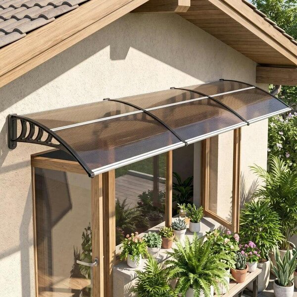 Front Door Canopy, Outdoor Awning, Rain Shelter, 303 x 96cm , Brown - Brown