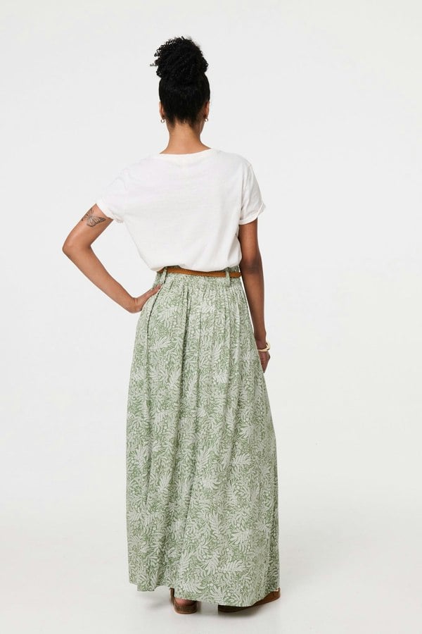 Green | Leaf Print Belt Detail Maxi Skirt
