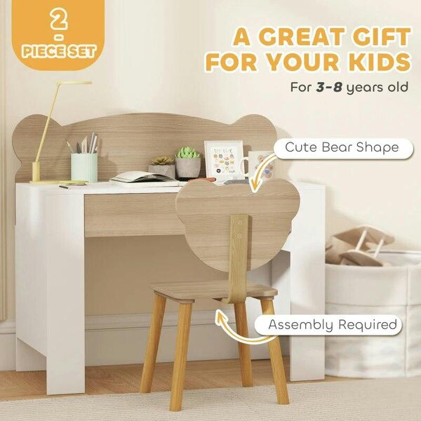 Kids Desk and Chair Set with Drawer for Drawing, Reading, Bear Theme Children Furniture for Bedroom, Daycare, Natural