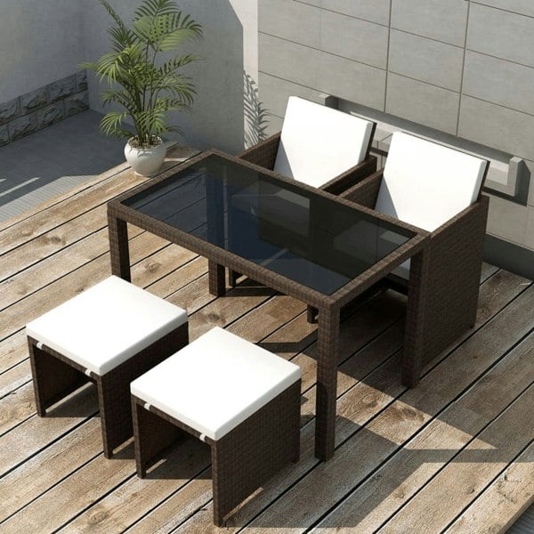 Berkfield 5 Piece Outdoor Dining Set with Cushions Poly Rattan Brown