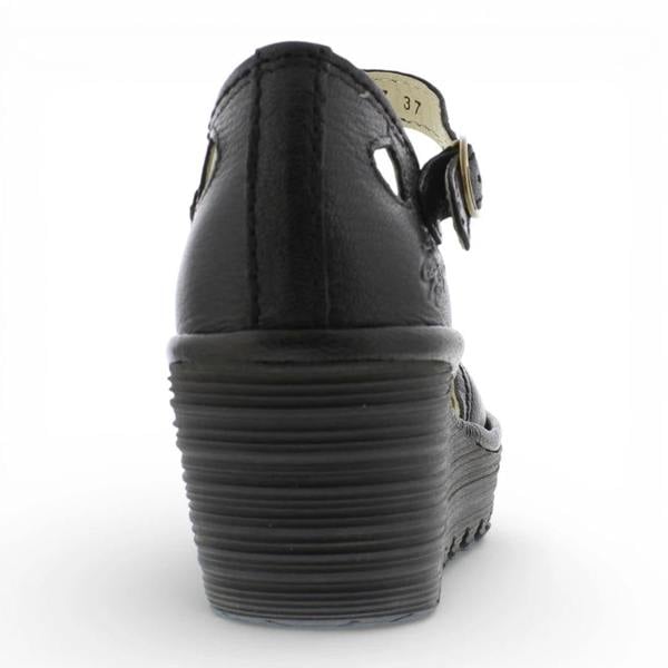 Fly London YUNA - Women’s Black Leather Wedge Sandals
