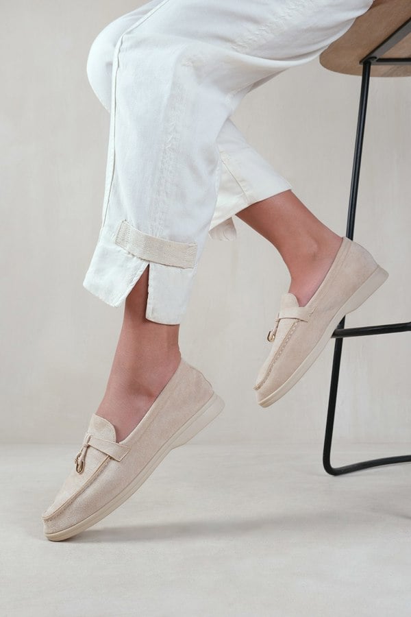 Where's That From Pegasus Wide Fit Slip On Trim Loafers With Accessory Detailing In Beige Suede