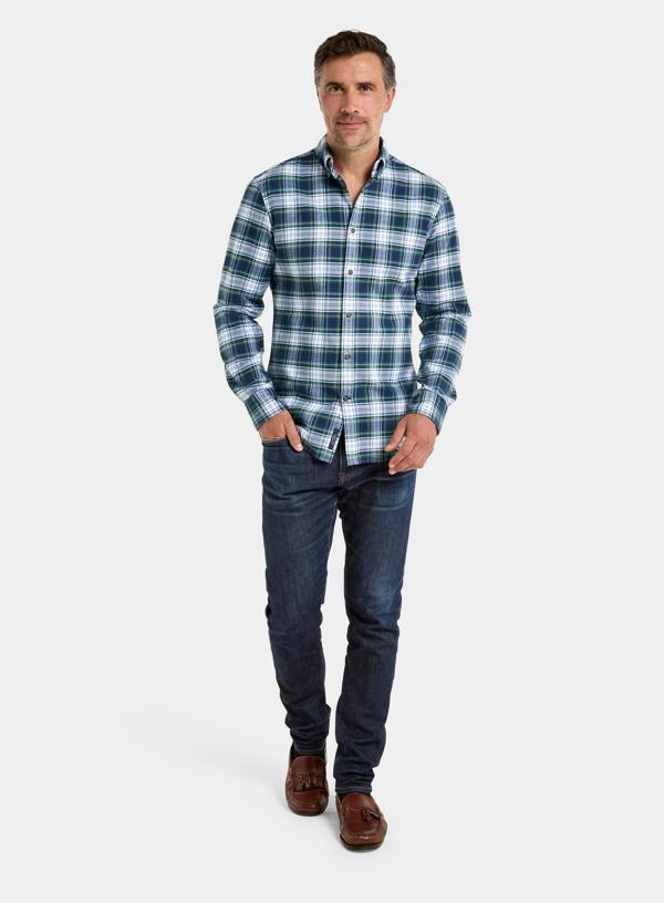 Button Down Flannel Shirt - White and Green Check