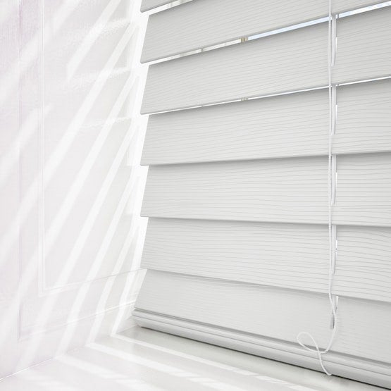 NewEdgeBlinds 230cm Ultra White Faux Wood Fine Grain Venetian Blinds with Strings