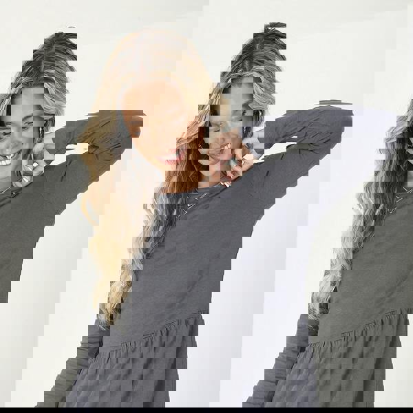 Brave Soul Grey Cotton Long Sleeve Midi Smock Dress - Grey Image 3