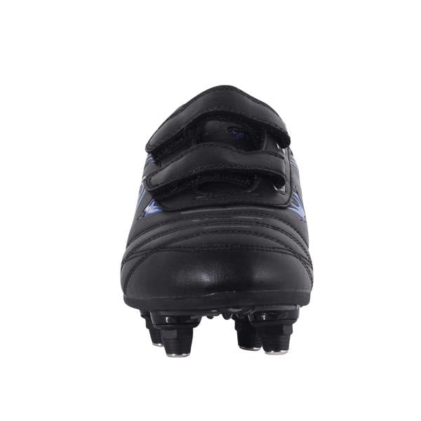 Black junior Optimum Razor football boot, front-on view with twin touch-fasten straps and screw-in studs - Optimum