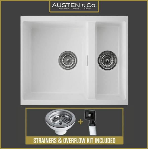 Austen & Co. Florence Inset & Undermount 1.5 Bowl Reversible Granite Kitchen Sink With Strainer & Over Flow Kit - White