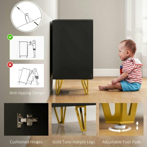 Wyld Haus Diro High Gloss Black Geometric Pattern Sideboard With Gold Hairpin Legs