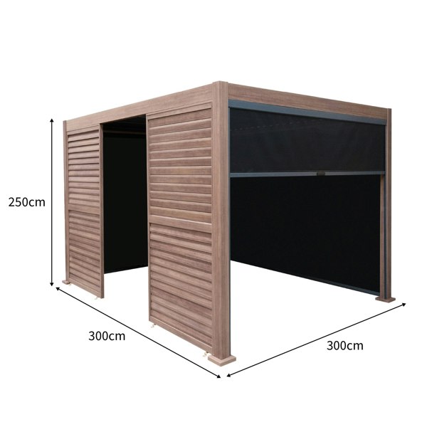 Wood effect aluminium pergola with blinds and two louvre panels, measuring 3m x 3m, showcasing a modern design and textured finish
