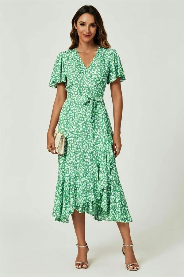 FS Collection Floral Print Midi Wrap Dress In Light Green