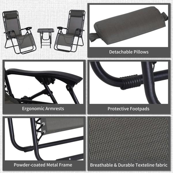 Dark grey zero-gravity lounge chairs with detachable pillows, protective footpads, and armrests