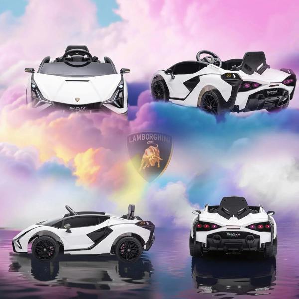 White and black kids electric ride-on car shown from multiple angles: front, side, and rear.