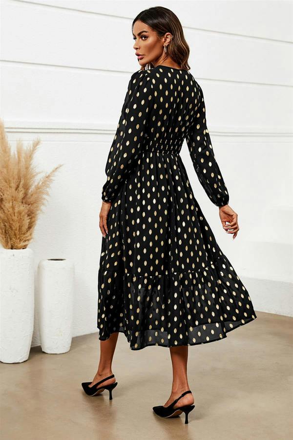 FS Collection Lace Trim Foil Long Sleeve Maxi Dress In Black