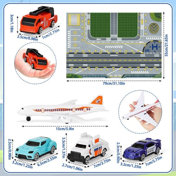 deAO Toys Aircraft Track Toy Aircraft Toy Set Includes Truck, Helicopter, Plane, Fire Truck, Racing Car and Airport Play Map