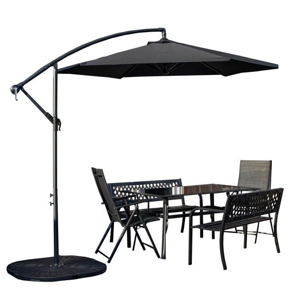 Samuel Alexander Outdoor 6 Person Rectangular Glass Top Garden Dining Table Benches & Chairs With Black Banana Parasol and Base
