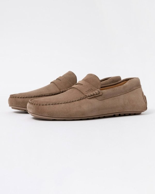 BOSS Orange Noel Mens Suede Driving Moccasins - Medium Beige 260 - CHO - Designer Mens Shoes