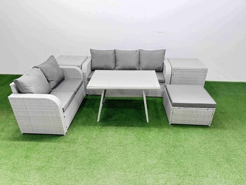 Fimous Outdoor PE Rattan Garden Furniture Set Rectangular Dining Table Sofa Set with Big Stool 2 Side Tables Light Grey