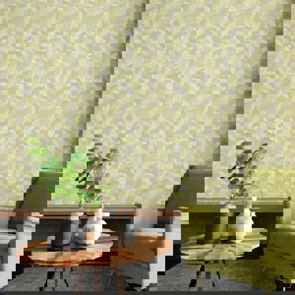 Hoopla Walls Feathers - Olive Green 10m Wallpaper