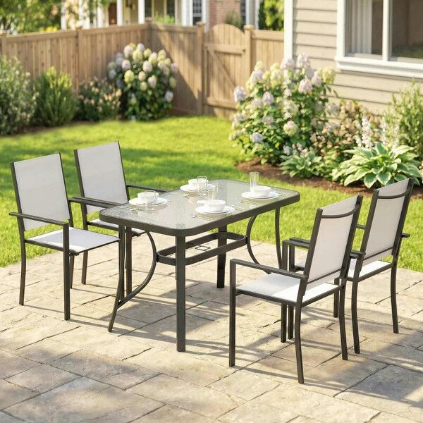 Garden Dining Set for 4 with Umbrella Hole, Stackable Chairs and Rectangular Glass-Top Outdoor Table, Light Grey