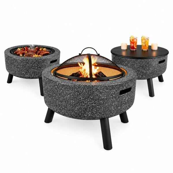 Gardenwize MGO Firepit Table & BBQ – 3-in-1 Outdoor Fire Bowl with Table Top | Stone Effect Garden Heater & Charcoal Grill - Dark Grey