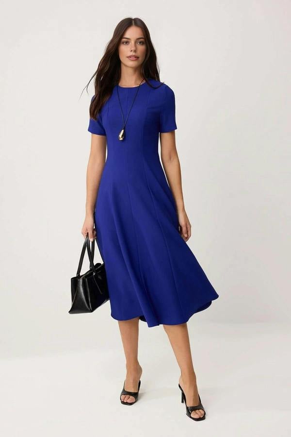 Round Neck Short Sleeve Fit and Flare Midi Dress