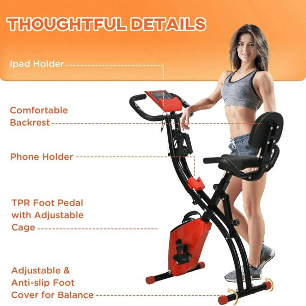 Exercise bike with padded seat and backrest, phone and tablet holders, wine red pedals