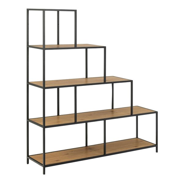 Wyld Haus El Paso Black Metal and Natural Oak Veneer Frame Bookcase 4 Shelves in Step Design