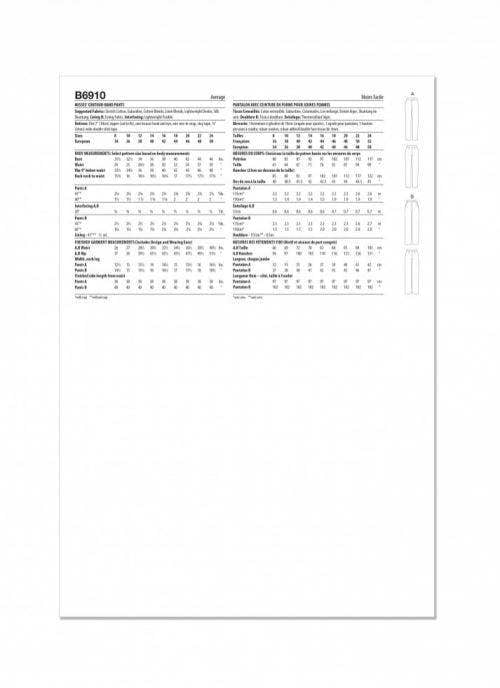 Butterick Sewing Pattern 6910, Trousers for Women, B5 (8-10-12-14-16) - Intermediate
