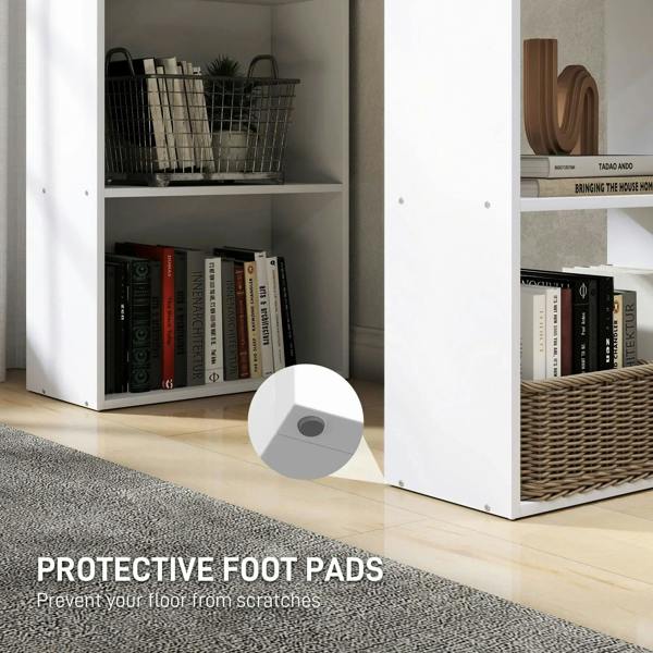 White open bookshelf storage cubbies with books and baskets